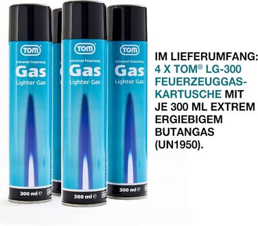ТОМ 4 x газ для запальничок 300 мл - заправний картридж для запальничок - полум'яний пивний пальник, штормова запальничка, запальничка для паличок і т.д. - з 6 x адаптером для запальнички - Lighter Gas - заправний газ