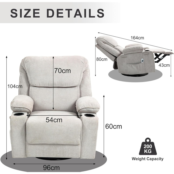 Крісло-гойдалка з функцією масажу, крісло для телевізора з функцією відкидання, вібрація, підігрів, товста спинка та підлокітники, масажне крісло з функцією гойдання, поворот на 360, бежевий