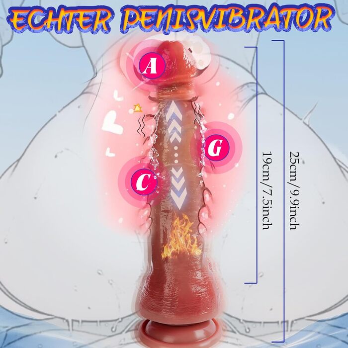 Великий реалістичний вібратор Kexyz, 25 см, з присоском, 9 режимів вібрації та 3 режими імпульсів, 360° обертання