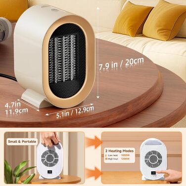 Портативний обігрівач потужністю 1200 Вт, дитячий обігрівач, тихий, 2 режими нагріву, керамічний PTC обігрівач, захист від перегріву та перекидання для тата, офісу, дому, спальні, білий