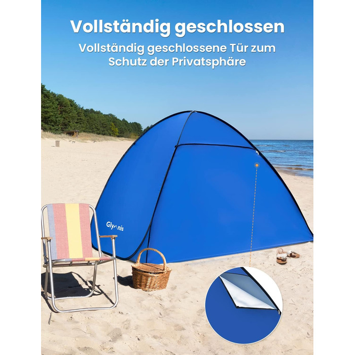 Пляжний навіс Glymnis з дверима на блискавці, захист від ультрафіолету 50, вітрозахисний, невеликий розмір у упаковці, синій, для 1-2 осіб