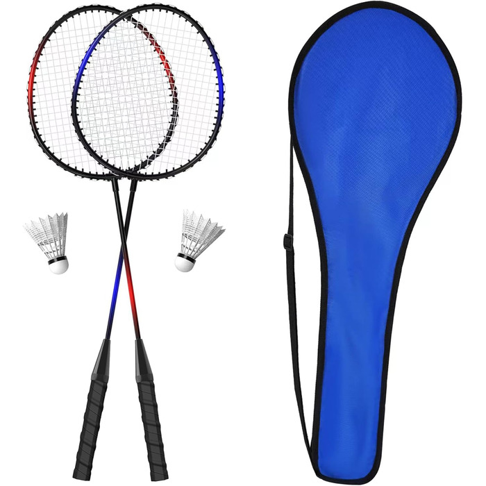 Набір ракеток для бадмінтону KH Badminton Set для 2-4 гравців, для дорослих та дітей, легкий та стабільний, ракетка, волан та сумка для перенесення в комплекті, чорний, червоний, синій (2 гравці)