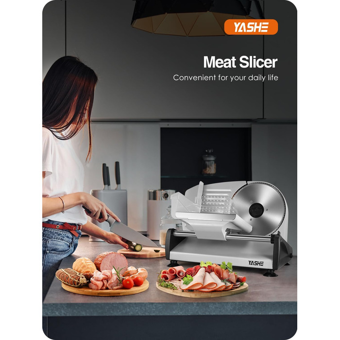 Електричний нарізувач їжі YASHE SL-518 - Нарізка для м'яса та хліба потужністю 250 Вт з регульованою товщиною 0-15 мм, 2 знімними лезами з нержавіючої сталі 19 см, запобіжним замком і всмоктувальної основою