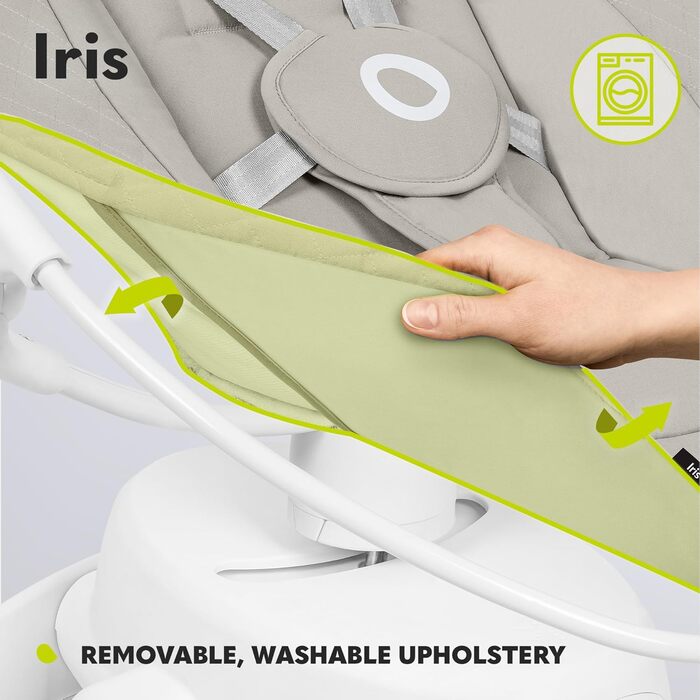 Електричний дитячий шезлонг LIONELO Iris 360o поворотний для немовлят до 9 кг Регульована спинка, 5 швидкостей зважування Нековзний ремінь безпеки, 12 мелодій Кронштейн з іграшкою Пульт дистанційного керування (бежевий)