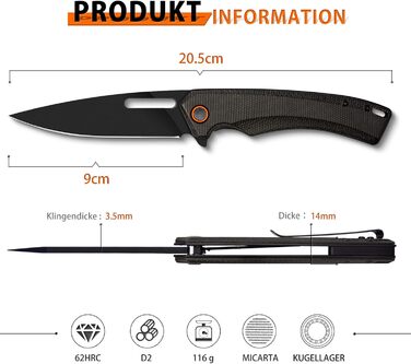 Складаний ніж NedFoss MAMBA, одноручний ніж зі сталі 9CM D2 з рукояткою Micarta, кишеньковий ніж з лайнерним замком та шарикопідши