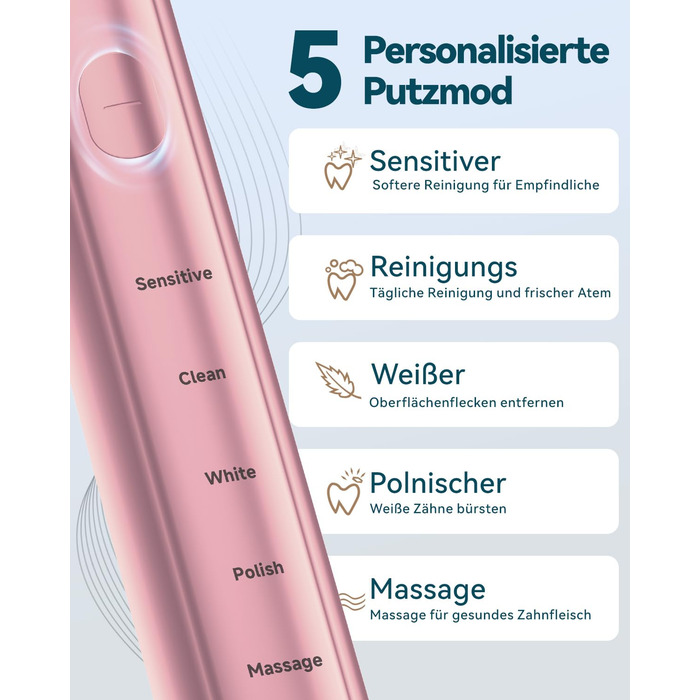 Електрична звукова зубна щітка для дорослих - відбілююча ультразвукова електрична зубна щітка з дорожнім кейсом та зарядною станцією, з 8 насадками, 5 режимами чищення, рожеве золото