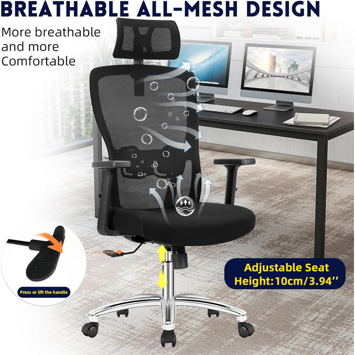 Ергономічне офісне крісло, стілець для роботи з регульованим підголівником, підлокітниками та поперековою опорою, обертове крісло з сітки, крісло для керівника з регульованою висотою, комп&39ютерне крісло з функцією гойдання, вантажопідйомність 150 кг