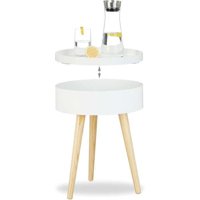 Круглий журнальний столик Relaxdays, скандинавський дизайн, стиль 70-х років, тумбочка біля ліжка з підносом та відділенням для зберігання, ВxШxГ 50x38x38 см, білий, одинарний