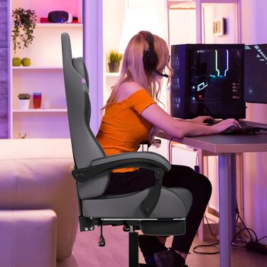 Ігрове крісло YHome, офісне крісло, регульоване по висоті, з підголівником, вібраційним масажем, поперековою подушкою, підставкою для ніг та підлокітниками, ергономічне ігрове крісло, велюрове покриття (чорнийсірийфіолетовий)