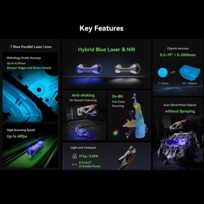 Сканер Creality CR-Scan Raptor, портативний сканер для 3D-принтерів із багаторядковою технологією Blue & NIR, точністю 0,02 мм, ві