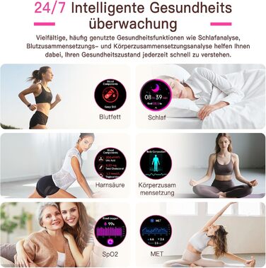 Жіночий смарт-годинник з ЕКГВСР/ІМТ/сечовою кислотою, круглий 1,43-дюймовий AMOLED годинник для здоров&39я з 24-годинним зворотним тиском, монітором сну, фітнес-трекером менструального циклу, сумісний з iOS/Android, чорний міланський ремінець