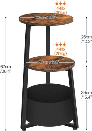 Круглий бічний столик HOOBRO, трирівнева тумбочка з полицями та тканинною кишенею, журнальний столик для невеликих приміщень, столик-диван, столик для перекусу, для вітальні, спальні, вінтажний коричневий та чорний EBFB169BZ01