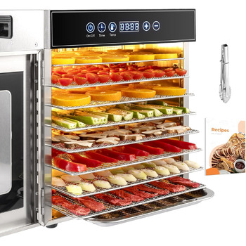 Дегідратор Kwasyo з нержавіючої сталі з буклетом з рецептами, регулятор температури дегідратора від 30-90C, функція таймера 24 години дегідратації, без BPA, дегідратор для фруктів, м'яса, сушарка для фруктів, овочі, трави (8 рівнів)