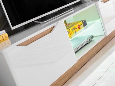 Настінна шафа для вітальні Generic Fame, настінна полиця для вітальні, стіна для телевізора, матова глянцева вітрина, низька тумба, настінна полиця зі світлодіодним підсвічуванням (білий/дуб Artisan) Білий / дуб Artisan