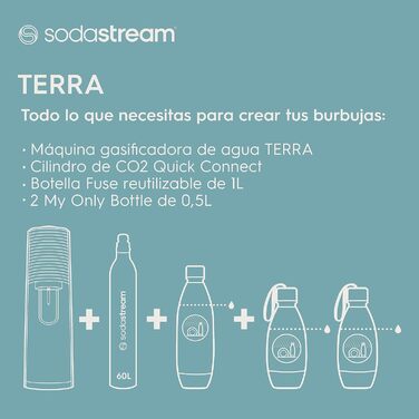 Набір sodastream з машиною для газованої води та Soda Terra black, 1 пляшка посудомийної машини FUSE 1 л, 2 пляшки My Only Bottle 0,5 л і 1 циліндр CO2 60 л Quick Connect для закріплення на Ексклюзив Storeo