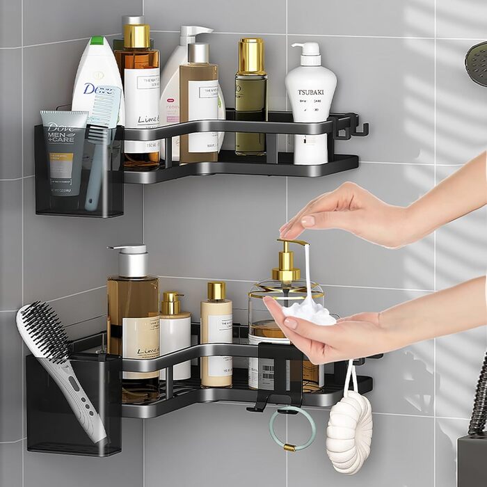 Кутова полиця для душу без свердління, 2 шт., чорна. Органайзер для ванної кімнати з 4 гачками, полиці для душу, аксесуари для душу, тримач для шампуню у ванну кімнату.