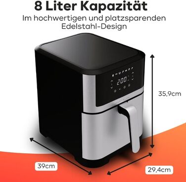 Аерофритюрниця ProfiCook 8 л Безмасляне приготування Airfryer з 7 програмами XXL-модель з мінімумом диму та запахів PC-FR 1269 H, нержавіюча сталь *Модель 2024*