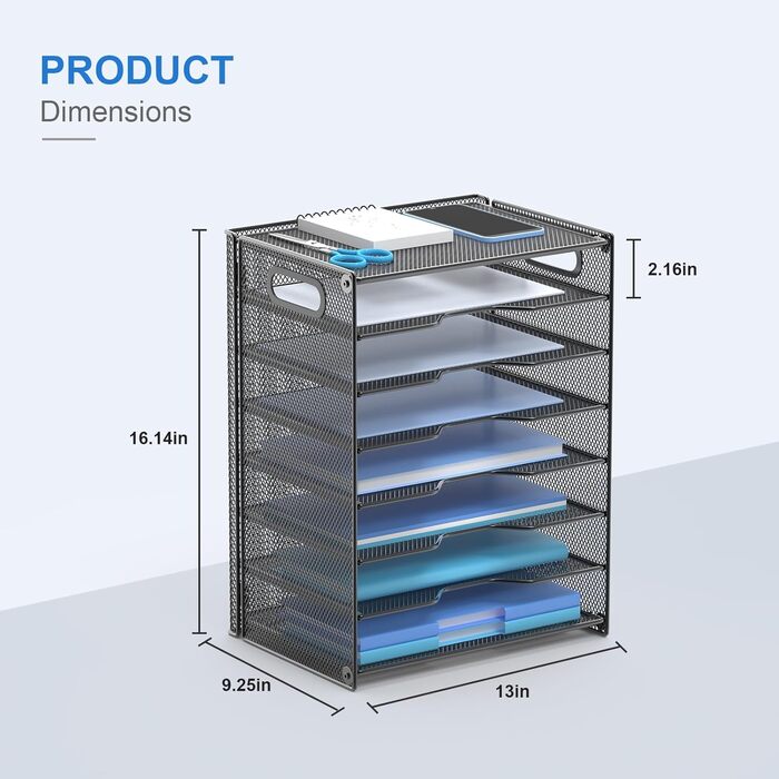 Настільний органайзер OUTWOLF з ручкою, 8-ярусний лоток для листів, міцні металеві лотки, офісне приладдя для документів формату A4, паперу, книг, журналів (чорний)