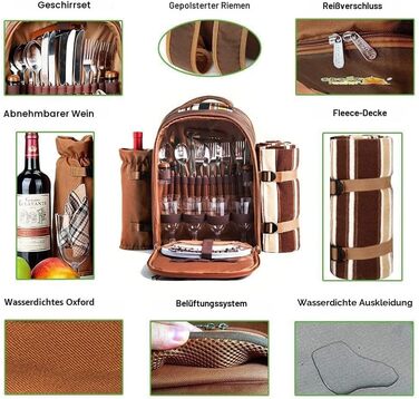 Рюкзак для пікніка Hap Tim на 4 особи з відділенням-холодильником, знімним тримачем для пляшок/вина, флісовою ковдрою, набором тарілок та столових приборів, ідеально підходить для активного відпочинку, спорту, походів, кемпінгу, барбекю (EU-3065) Коричнев