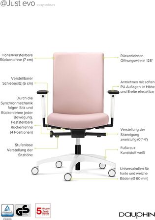 Ергономічне офісне крісло, зроблене в Німеччині Зручна спинка з регулюванням висоти Індивідуально регульована глибина сидіння (світло-рожевий)