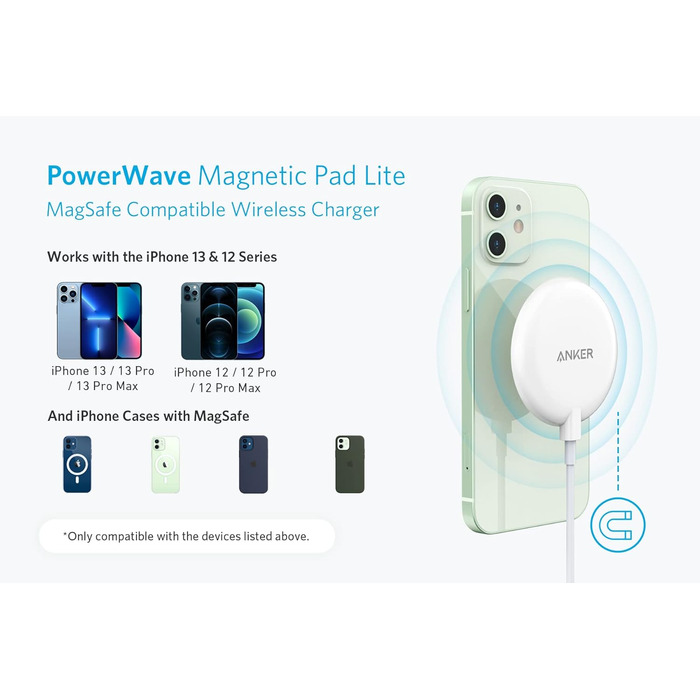 Комплект бездротової магнітної зарядної панелі з 150-сантиметровим зарядним кабелем USB-C та адаптером живлення, підходить для iPh