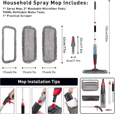 Швабра Homgif Spray Mop 135 см з функцією розпилення, швабра для підлоги з функцією розпилення 750 мл, домашня кухонна швабра для