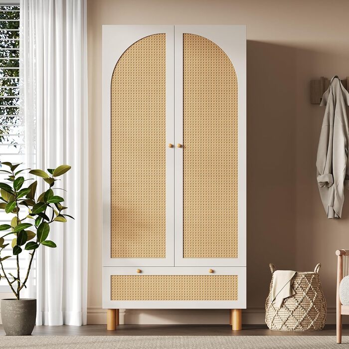 Шафа EMKK з 2 дверима, плетена шафа з ротанга, багатофункціональна шафа в сільському стилі, гардеробна-шафа, з великою шухлядою, біла, 180x85x52 см (В/Ш/Г)