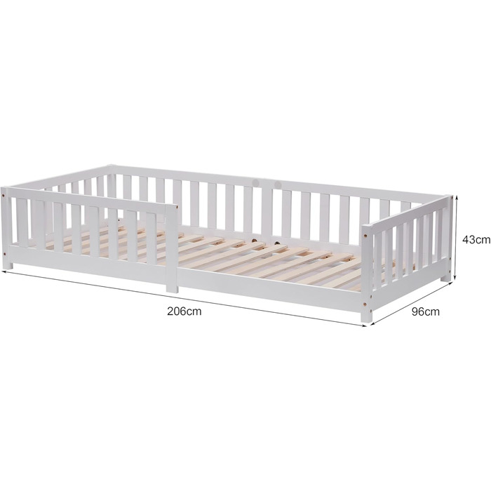 Дитяче ліжко ecomi 90x200 Ліжко на підлогу Дитяче ліжко із захистом від падіння та рейковою основою для дітей Дитячі ліжка для дівчаток та хлопчиків Масив сосни білого кольору 200 x 90 см Білий