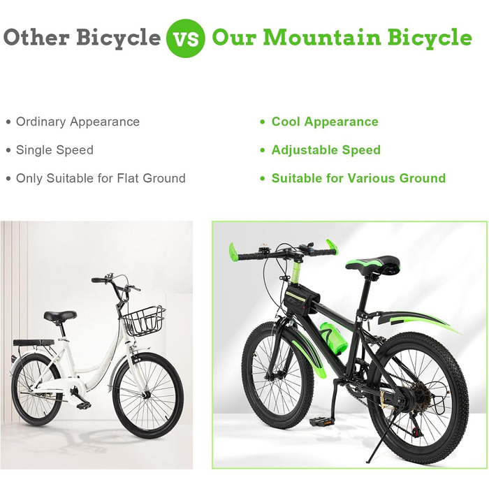 Дюймовий дитячий гірський велосипед, 7 швидкостей, для хлопчиків та дівчаток, подвійні дискові гальма, міський велосипед з вуглецевої сталі, підходить для дітей зростом 130-150 см, зелений, 20-