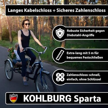 Тросовий замок KOHLBURG завдовжки 5 метрів з цифровою комбінацією - кодовий замок 500 см - сталевий тросовий замок 5 м з покриттям - сталевий трос 500 см з цифровим кодом для велосипедних садових меблів та велосипедного замка