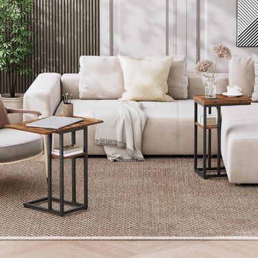 С-подібний бічний столик HOOBRO, розкладний диван-столик, журнальний столик, столик для перекусу з полицею для зберігання, вузька тумбочка для вітальні, спальні, металевий каркас, темно-коричневий EBF29SF01 темно-коричневий чорний