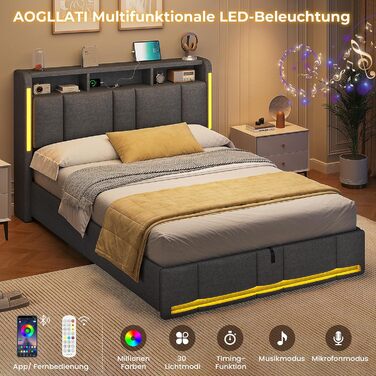 М&39яке ліжко 140x200 з розетками та світлодіодним освітленням, двоспальне ліжко 140x200 з узголів&39ям для зберігання та гідравлічним відділенням для зберігання, каркас ліжка з рейковою основою, дитяче ліжко, льон, без матраца, темно-сірий 140x200 см тем