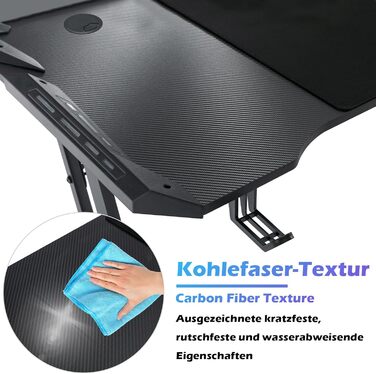 Ігровий стіл зі світлодіодним підсвічуванням 140 x 60 см, ігровий комп&39ютерний стіл з вуглецевого волокна, ігровий офісний стіл з підставкою для чашок та гачком для навушників для захопливого ігрового досвіду, чорний 140x60 см, зі світлодіодним підсвічу