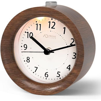 ВищеГодинник будильник аналоговий без цокання, будильник дерев'яний з дрімотою, тумбочка-годинник з нічником, ретро-будильник аналоговий на батарейках (потрібна батарея 1*AA - натуральне дерево світло-коричневого кольору (круглий, коричневий)