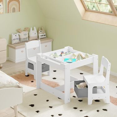 Дитячий стіл Lestaraiin з 3 предметів та 2 стільцями, дитяча група сидінь, комплект дитячих меблів з місцем для зберігання, художній стіл для дошкільнят, стільниця з дошкою для малювання та рулоном паперу, для дитячої кімнати/ігрової кімнати, білий