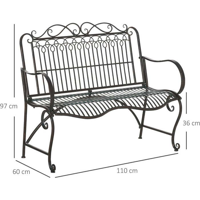 Лавка для саду Outsunny 2-місна паркова лавка з металу Лавка до 200 кг Лавка Тераса Лавка зі спинкою та підлокітниками Садові меблі Метал Антиквар Срібло 110 х 60 х 97 см