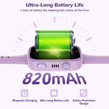 Дитячий смарт-годинник з функцією відеодзвінків та телефону, дитячий годинник з GPS, голосовим чатом, WhatsApp, WiFi, SOS, SMS, шкільним режимом, крокоміром, водонепроникний IP68, будильник, дитячий смарт-годинник для дівчаток/хлопчиків, фіолетовий/фіолет