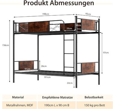 Двоярусне ліжко COSTWAY, двоярусне ліжко 2-в-1, що трансформується, з драбиною, 190 x 90 см, промислове ліжко-горище з металу, дво