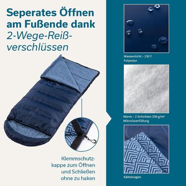 Дитячий спальний мішок Skandika Dundee Junior Дитячий спальний мішок для кемпінгу на природі, підкладка з бавовняної фланелі, затишний м&39який, водовідштовхувальний, діапазон комфорту від 13 до 3C, 175 x 70 см, індиго