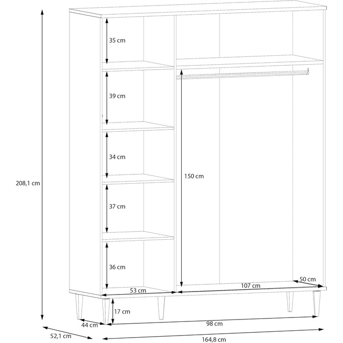 Шафа 165, Шафа в стилі бохо з 3 дверима, вішалка для одягу, полиці, інженерна деревина, декор дуба Elegancia/технораттан, 165 см завширшки x 208 см заввишки x 52 см завглибшки, 3-дверна шафа