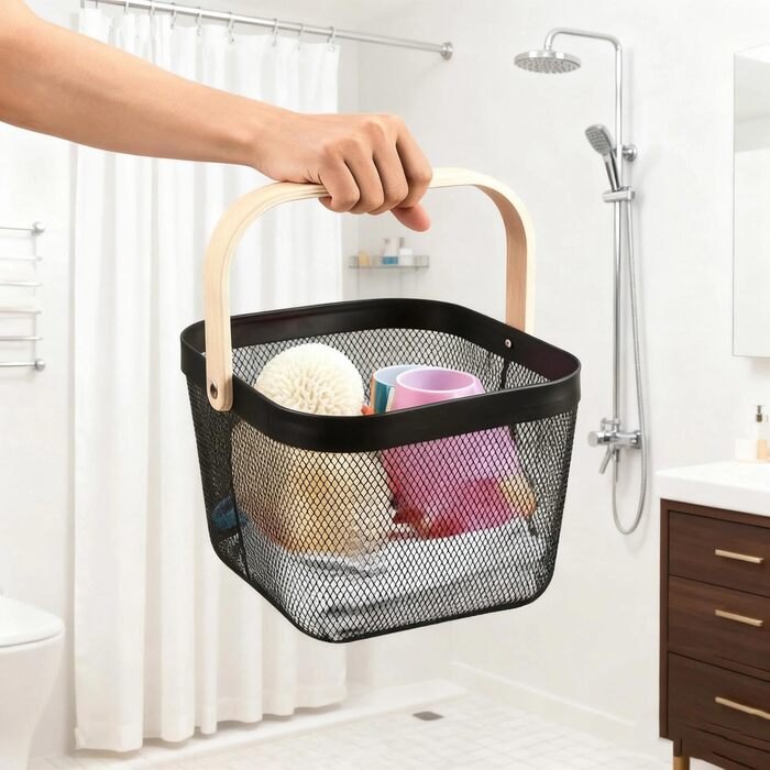 Дротяний кошик з ручкою, кошик для перенесення в стилі лофт, кошики для садового врожаю, квадратний кошик для зберігання, для ванної кімнати, кухні, пікніка, 2 предмети, 18 x 24,5 x 24,5 см (чорний)