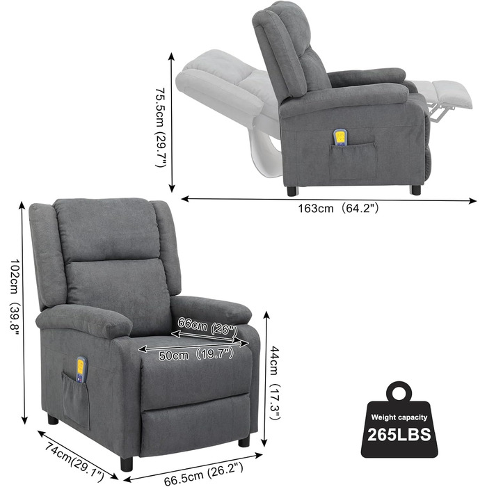 Крісло під телевізор LEADZM, відкидне крісло, шезлонг, електричний масаж та підігрів, ручне регулювання кута нахилу спинки, відкидне крісло до 120 кг, одномісний диван