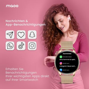 Розумний годинник maoo Ventura для жінок із функцією дзвінків, 1,32-дюймовий AMOLED-дисплей, монітор серцевого ритму, SpO, монітор артеріального тиску, понад 100 спортивних режимів, водонепроникність IP67, 5 ремінців рожевого золота