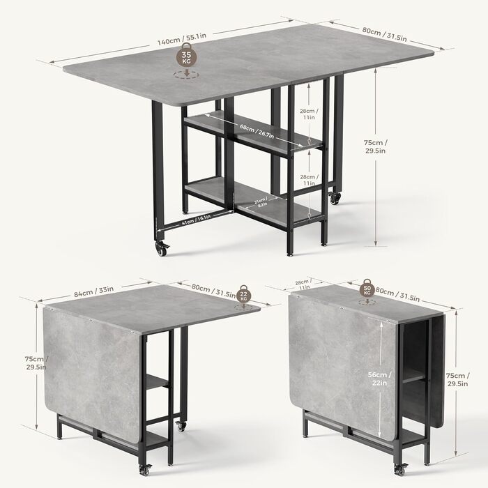 Мобільний розкладний обідній стіл Mondeer, розкладний стіл з 2 відкритими полицями для невеликих приміщень, їдальня, кухня, 140 x 80 x 75 см, сірий