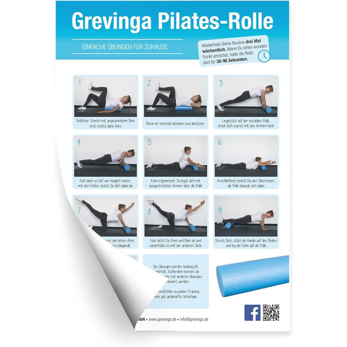 Ролер для пілатесу/йоги Grevinga синього кольору 90 см завдовжки 15 см діаметром твердий в комплекті з плакатом з вправами