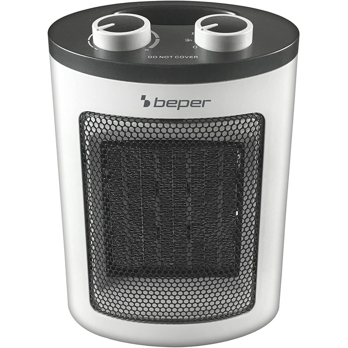 Керамічний вентилятор-обігрівач BEPER RI.080, сучасний дизайн, компактний, економний, регульований термостат, два рівні потужності, захист від перегріву, з ручкою, керамічний, PTC вентилятор-обігрівач, білий/чорний