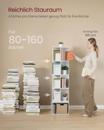 Колекція Custos - Обертова книжкова шафа, 5-ярусна полиця для зберігання, Окремостояча полиця з відкритими відділеннями, 40 x 40 x 155,8 см, для спальні, вітальні, офісу, Хмарно-білий LBC472WB01