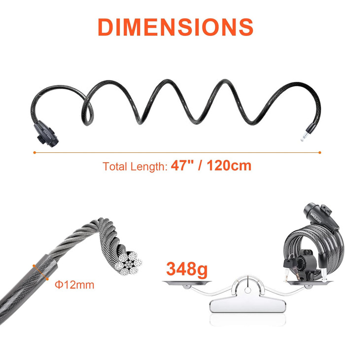 Замок велосипедний GRIFEMA з 2 ключами 120см/12мм, дитячий велосипедний замок, високий рівень безпеки, протиугінний трос для велосипеда з тримачем, аксесуари для велосипеда, чорний замок зі ключами