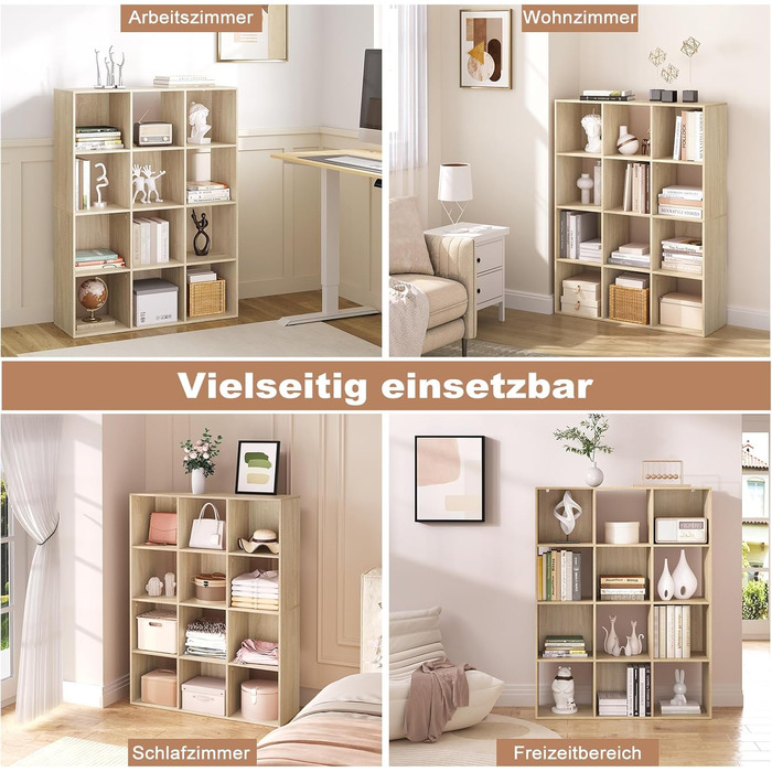 Книжкова полиця eSituro з 12 відділеннями, окремостояча кубічна полиця, відкрита полиця-перегородка для кімнати, сучасна стояча полиця, для вітальні, дитячої кімнати, офісу, спальні, 9120x29 см, світлий дуб