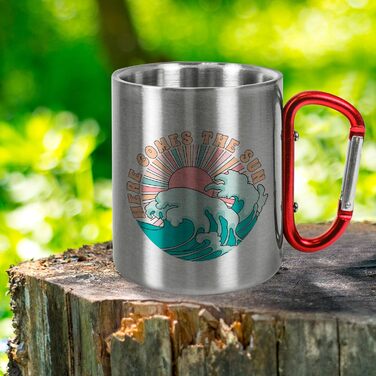 Металева кружка з нержавіючої сталі з карабіном, приблизно 330 мл, Сонце сходить - Кемпінгова кружка - Подарунки для чоловіків та жінок на свята